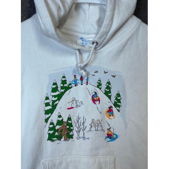 Vintage Champion Reverse Weave Hoodie Medium White Winter Graphic Sledding